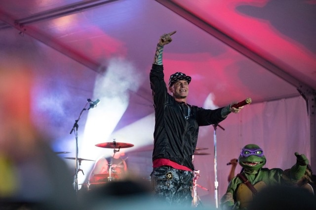 Vanilla Ice points to the crowd during his performance at Freedom Fest June 23 at Fort Cavazos. He performed hits including &#34;Ice Ice Baby.&#34; (U.S. Army photo by Blair Dupre, Fort Cavazos Public Affairs)