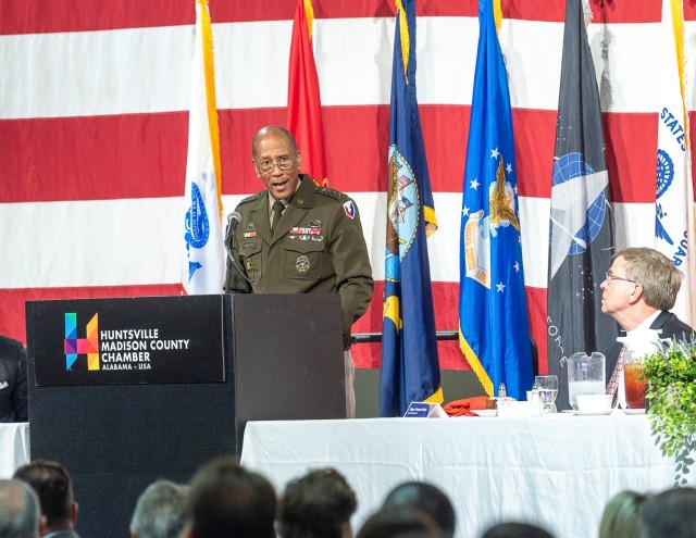 General Charles Hamilton, commander of the Army Materiel Command, shares uplifting words Friday during the Armed Forces Celebration Luncheon at the Von Braun Center in Huntsville.