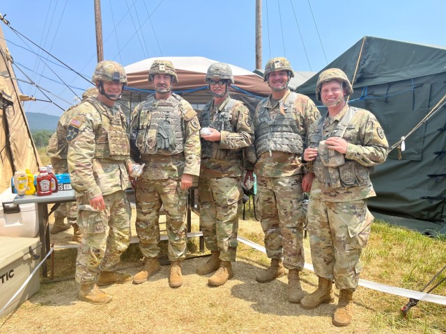 Members of the 63rd Theater Aviation Brigade, Kentucky Army National Guard, take a break during the Warfighter 23-05 exercise May 27-June 13, 2023.