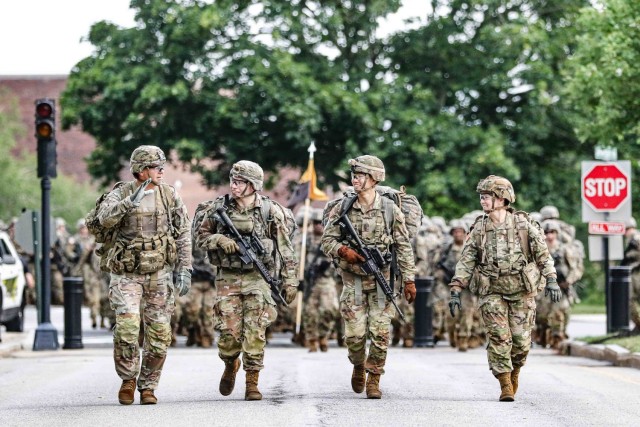Cadet Field Training culminates with a ruck march from Camp Buckner to Quarters 100 and Central Area, at the U.S. Military Academy on June 28, 2023.