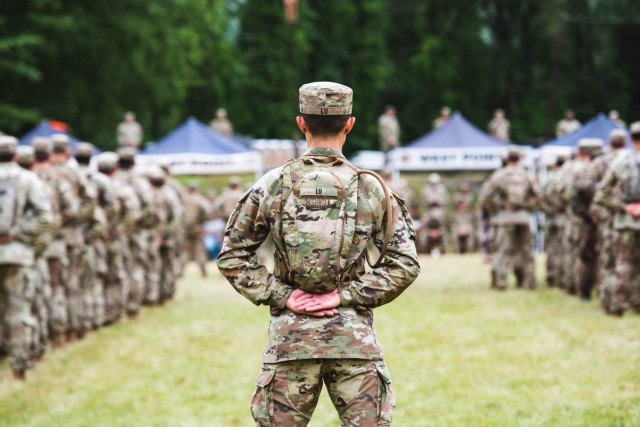 Staff and faculty gathered at Landing Zone Owl to  the Class promote the class 2026 Cadets from plebes to yearlings during the Cadet Field Training graduation on June 27 at Camp Buckner.