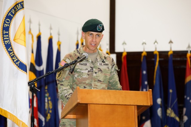 Col. Marcus S. Hunter, incoming commander of U.S. Army Garrison Japan, provides remarks during a change-of-command ceremony at Camp Zama, Japan, July 7, 2023.