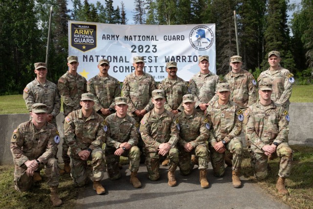 U.S. Army Command Sgt. Maj. John T. Raines and U.S. Army Soldiers of the National Best Warrior competition take a group photo at the 2023 National Guard Best Warrior Competition opening ceremony, Alaska, July 8, 2023. The Army National Guard Best Warrior Competition tested the adaptiveness and lethality of our forces. National Guard Citizen-Soldiers remain ready and resilient to meet the nation’s challenges.
