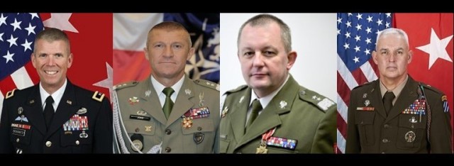 From left to right: V Corps Deputy Commanding General Maj. Gen. Jeffery Broadwater, V Corps Deputy Commanding General of Interoperability (outgoing) Polish Maj. Gen. Adam Joks, V Corps Deputy Commanding General of Interoperability (incoming) Polish Maj. Gen. Maciej W. Jablonski, and V Corps Deputy Commanding General of Support Brig. Gen. Kevin J. Lambert. U.S. Army V Corps will host a combined welcome and farewell ceremony, referred to as Victory Honors, with special guest Polish Minister of National Defense Mariusz Błaszczak, for V Corps’ deputy commanding generals at the V Corps Headquarters in Fort Knox, Kentucky, July 18.