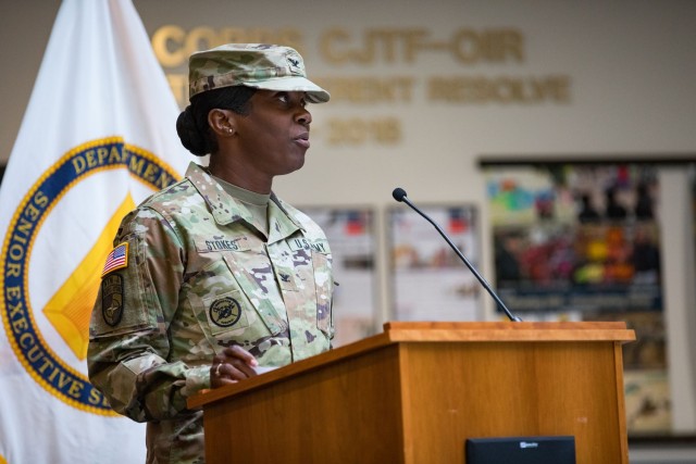 Col. Lakicia Stokes, Fort Cavazos Garrison commander, addresses the audience gathered for the Fort Cavazos Garrison Change of Command Ceremony July 7 at III Armored Corps and Fort Cavazos Headquarters. (U.S. Army photo by Blair Dupre, Fort Cavazos...