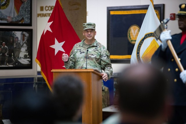 Lt. Gen. Sean C. Bernabe, III Armored Corps and Fort Cavazos commanding general, speaks to the audience gathered for the Fort Cavazos Garrison Change of Command Ceremony July 7 at III Armored Corps and Fort Cavazos Headquarters. (U.S. Army photo...