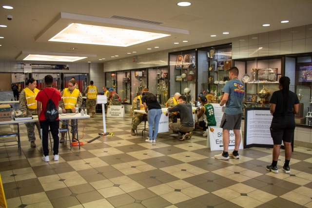 Role players check in July 11, 2023, at Abrams Physical Fitness Center, which was deemed as the evacuation site. Fort Cavazos conducted a full-scale exercise July 11, putting its disaster response capabilities to the test. (U.S. Army photo by...