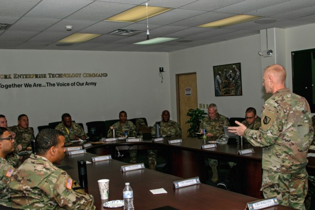 U.S. Network Enterprise Technology Command’s Command Sgt. Jason McCoy speaks with NETCOM warrant officers during the NETCOM Senior Warrant Officer Huddle July 11-13. At the three-day event, warrant officers heard from NETCOM leaders, improved team cohesion and helped create a shared understanding among the cohort.