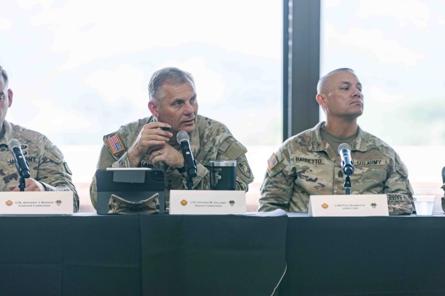 Community members gathered at the Eisenhower Hall Ballroom to participate in the Community Leader Information Forum. During the CLIF,  the Superintendent, Lt. Gen. Steven Gilland; West Point Garrison Commander, Col. Anthony Bianchi; Keller Army Community Hospital Commander, Col. Briana Perata; and the USMA Command Sgt. Maj. - Command Sgt. Maj. Phil Barretto, conducted a panel discussion along with other leaders of the community on July 12 at the U.S. Military Academy.