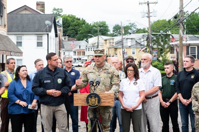 Col. Anthony Bianchi speaking with media during a press conference after the flash flood. 