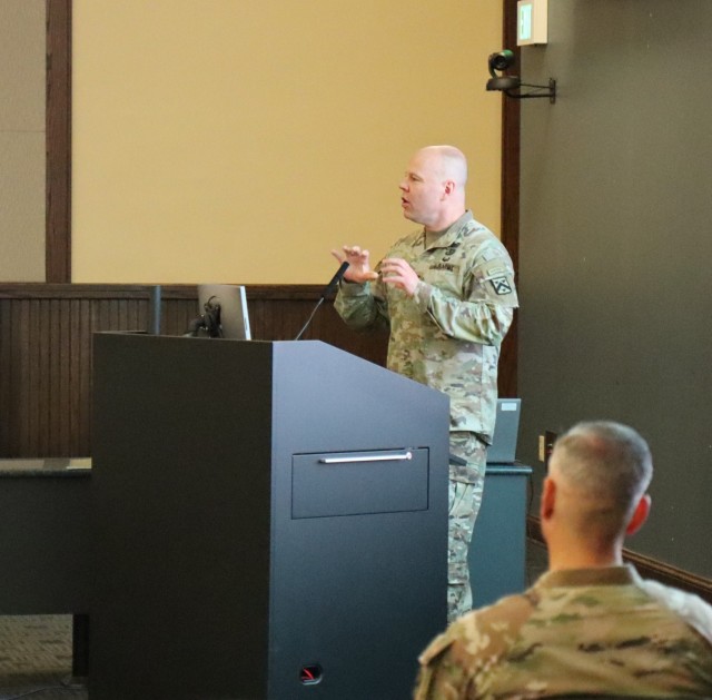 Outgoing Commander Col. Bryan L. Babich speaks during the change of command ceremony for MCTP July 14, 2023, at McHugh Training Center, Fort Leavenworth, Kan.  Photo by Maj. Christopher Hart, Mission Command Training Program Public Affairs