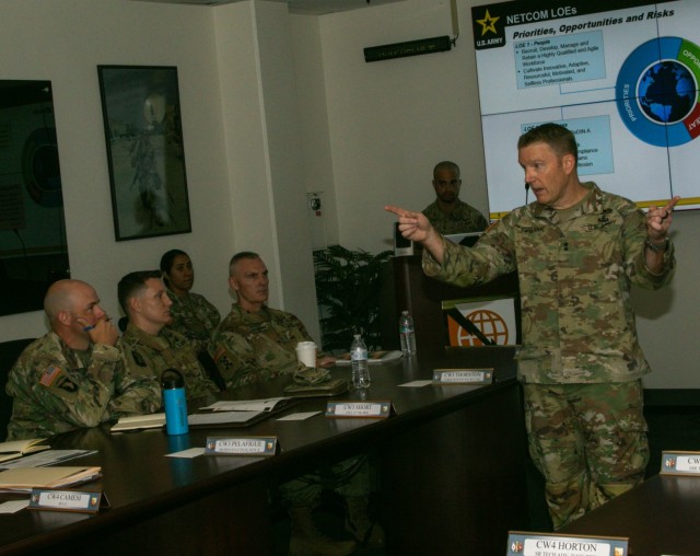 U.S. Network Enterprise Technology Command Commanding General, Christopher Eubank, speaks with NETCOM warrant officers during the NETCOM Senior Warrant Officer Huddle July 11-13. At the three-day event, warrant officers heard from NETCOM leaders, improved team cohesion and helped create a shared understanding among the cohort.