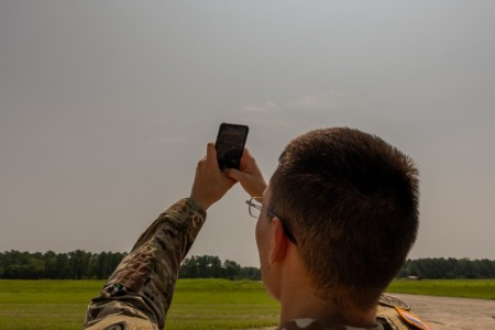 Sgt. Mickey Reeve, Ops NCO for USARCENT&#39;s Task Force 39, demonstrates how to launch a drone at McEntire Joint National Guard Base, S.C., on July 17, 2023. The drone was used to support the CARPE Dronvm testing on 18 July, 2...