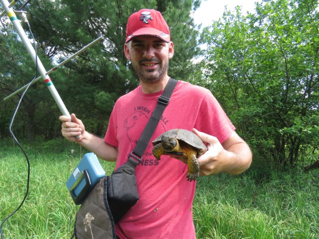 Jessup Weichelt, endangered species biologist at Fort McCoy caught a wood turtle using radio telemetry