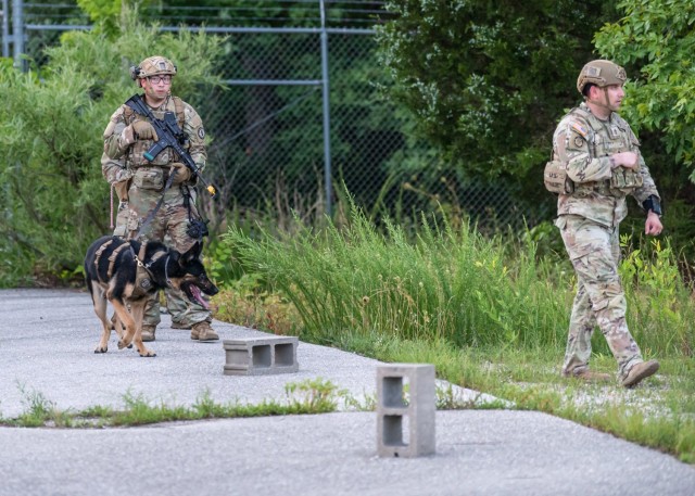 Spc. Joe Gomez, a military working dog handler for the 180th Military Working Dog detachment, and his dog Beno patrol during a five-day field training exercise on Fort Leonard Wood.