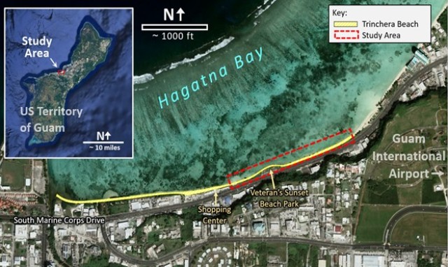 Figure 1: The study area runs along a 2,100-foot stretch of Trinchera Beach at Hagåtña Bay, which runs parallel to South Marine Corps Drive.
