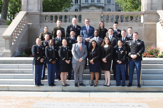 
The Army Defense Comptrollership Program graduating class of 2023 poses for a picture July 21 at the National Veterans Resource Center at Syracuse University. The DCP is a 14-month resident MBA program at Syracuse University open to Army Finance Corps Soldiers and civilians. 
