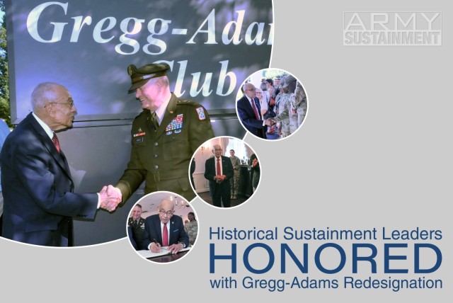 At the renaming of the Gregg-Adams Club on April 19, 2023, Retired Lt. Gen. Arthur J. Gregg: 
(main) is congratulated by Maj. Gen. Mark T. Simerly following the sign unveiling;
(top) shakes hands with admirers upon entering the club for the first time after becoming the facility’s namesake;
(middle) shares his gratitude with all those present following the sign unveiling; and (bottom) signs the club guestbook.