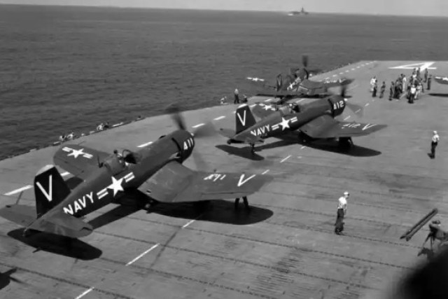 Navy Corsair fighters ready for takeoff from the aircraft carrier USS Philippine Sea, heading for southwest South Korea during the Korean War.