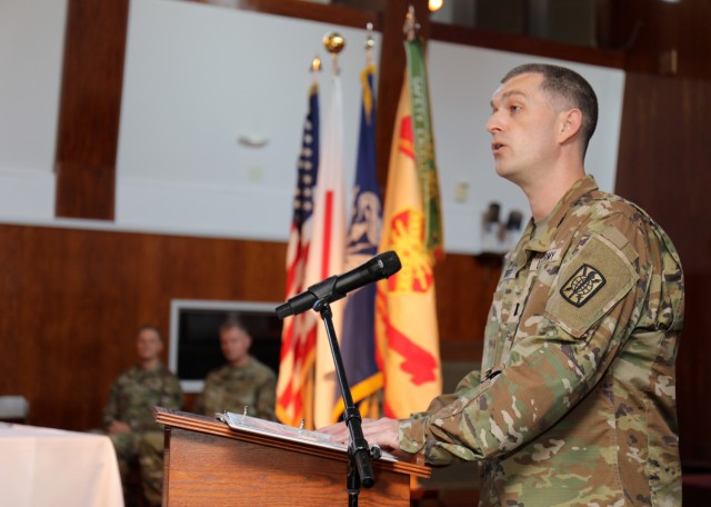 Capt. Christopher Dorsey, the 311th Military Intelligence Battalion chaplain, discusses the history of Army chaplains during a ceremony celebrating the Camp Zama Chapel&#39;s 70 years of service and the U.S. Army Chaplain Corps&#39; 248-year anniversary at the chapel July 28, 2023. Built in 1953, the chapel was modeled after the Nasugbu Beach Chapel in Yokohama.