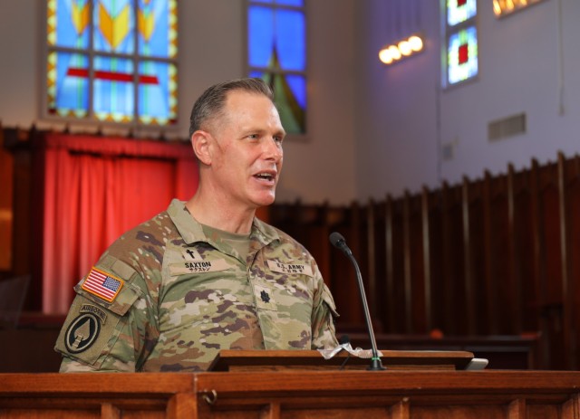 Lt. Col. Damon Saxton, chaplain for U.S. Army Garrison Japan, speaks during a ceremony celebrating the Camp Zama Chapel&#39;s 70 years of service and the U.S. Army Chaplain Corps&#39; 248-year anniversary at the chapel July 28, 2023. Built in 1953, the chapel was modeled after the Nasugbu Beach Chapel in Yokohama.