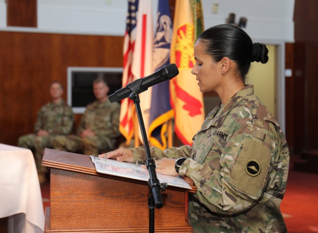 Sgt. Maj. Denises Veitia, sergeant major for the U.S. Army Japan command chaplain, recites the history of religious affairs specialists during a ceremony celebrating the Camp Zama Chapel&#39;s 70 years of service and the U.S. Army Chaplain Corps&#39; 248-year anniversary at the chapel July 28, 2023. Built in 1953, the chapel was modeled after the Nasugbu Beach Chapel in Yokohama.