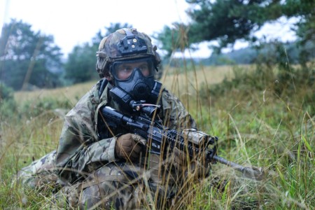  U.S. Army Soldier provide security during the U.S. Army Europe and Africa Best Squad Competition at the Joint Multinational Readiness Center near Hohenfels, Germany, Aug 1, 2023. Teams from across U.S. Army Europe and Africa test their tactical proficiency, communication, and overall cohesion as they compete for the title of Best Squad. Winners of this competition will advance to represent U.S. Army Europe and Africa at the U.S. Army Best Squad Competition.