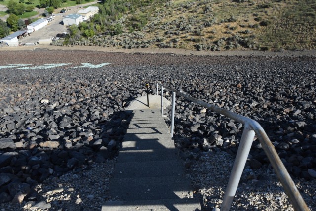 These staircases allow access to Lucky Peak’s piezometers, an essential component to dam safety at Lucky Peak Dam. A piezometer is a geotechnical instrument that measures changes of water level or wat