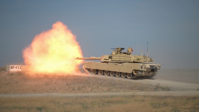 A 3rd Battalion, 116th Cavalry Regiment M1A2 SEPv2 Abrams Tank crew fires their 120 mm main gun as part of the battalion&#39;s table VI qualification at Orchard Combat Training Center near Boise, Idaho, July 23, 2023.