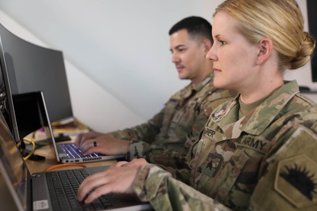 Sgt. Ashley Wagner, a signal support specialist with the California National Guard, simulates a cyber attack while acting as part of the Red cell team during Cyber Dawn, an annual training exercise in Sacramento, Calif. on June 13, 2023. Qualified Soldiers and Army civilians can apply to participate in the Secretary of the Army&#39;s Cyber Strategic Seminar, which gives the the opportunity to learn about career possibilities in Army cyber security as well as meet Army and government leaders. 