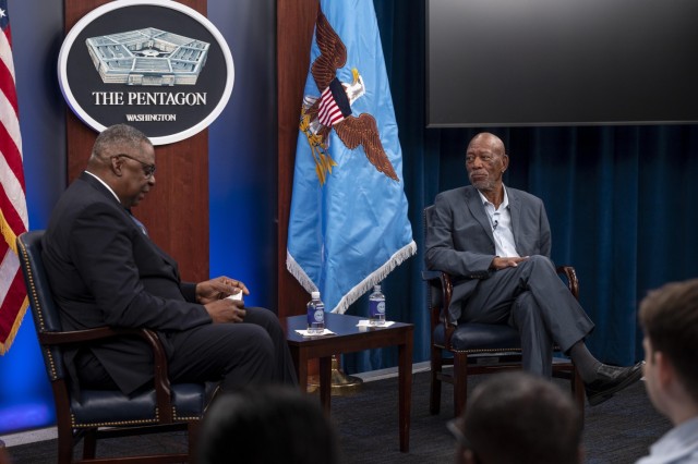 Secretary of Defense Lloyd J. Austin III hosts Morgan Freeman for a private screening and conversation about Freeman’s documentary film on the 761st Tank Battalion at the Pentagon, Washington, D.C., Aug. 2, 2023. 