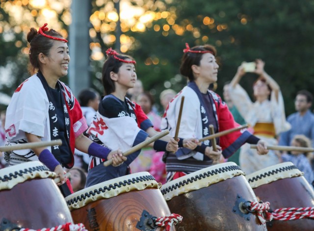 A Japanese taiko drum group performs during the Bon Odori festival at Camp Zama, Japan, Aug. 5, 2023. About 20,000 people attended this year&#39;s event, which honors the departed spirits of one’s ancestors. The traditional Japanese festival has been celebrated at Camp Zama since 1959.