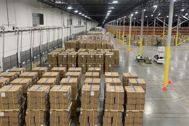A warehouse is filled with boxes ready to be shipped