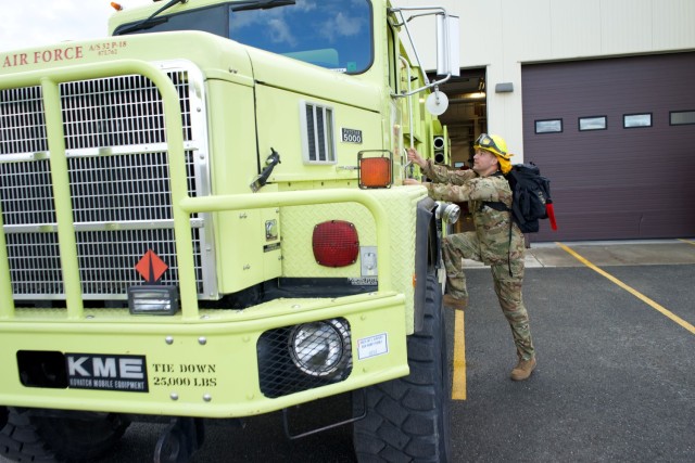 Alaska Air National Guard Staff Sgt. Anthony Hartman, 176th Civil Engineer Squadron firefighter, prepares to deploy from Joint Base Elmendorf-Richardson to Interior Alaska Aug. 6, 2023, to fight wildfires.

