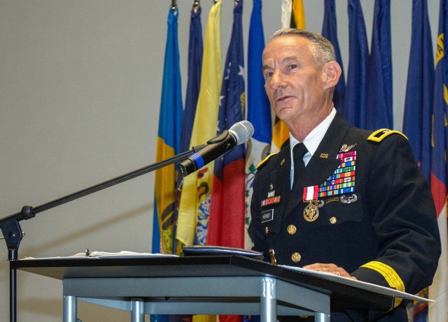 Maj. Gen. Neil S. Hersey, Deputy Commanding General-Operations, U.S. Army Cyber Command, makes remarks during his retirement cerremony at the Georgia Cyber Center in Augusta, Ga., Aug. 4, 2023. (Photo by Joe McClammy)