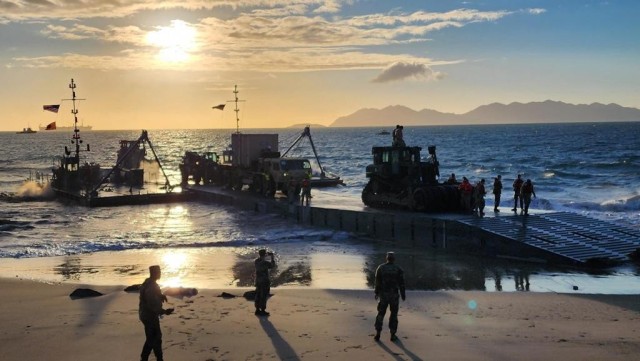 A ferry carrying heavy equipment makes landfall in Bowen, Australia, July 31, 2023. Soldiers, sailors and Coast Guardsmen assigned to Joint Task Force 7 are conducting logistics over-the-shore operations during Talisman Sabre 23, a biennial exercise designed to advance a free and open Indo-Pacific by strengthening partnerships and interoperability among key allies.
