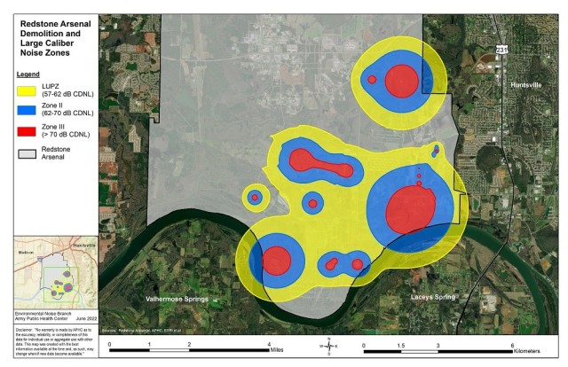 This map shows the expected noise intensity of demolition and large-caliber tests and activities. Note that Zone I is not highlighted, rather it is considered the entire area outside of Zone II. 
 
