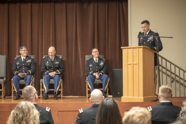 Chaplain (Col.) John Manuel, School for Spiritual Counseling program director, tells a joke during his speech at the Family Life Chaplain Qualification Course Graduation Ceremony July 28. (U.S. Army photo by Samantha Harms, Fort Cavazos Public Affairs)