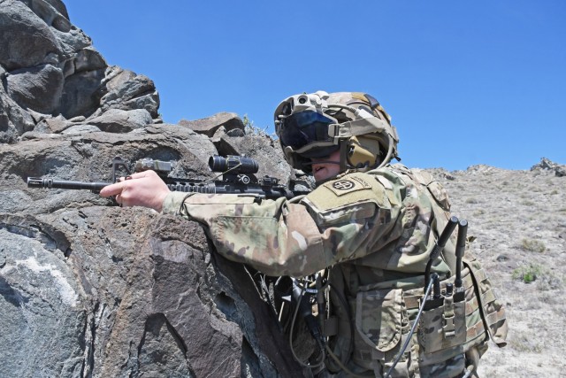 An 82nd Airborne Division Soldier practices maneuvers wearing the Integrated Visual Augmentation System (IVAS). 