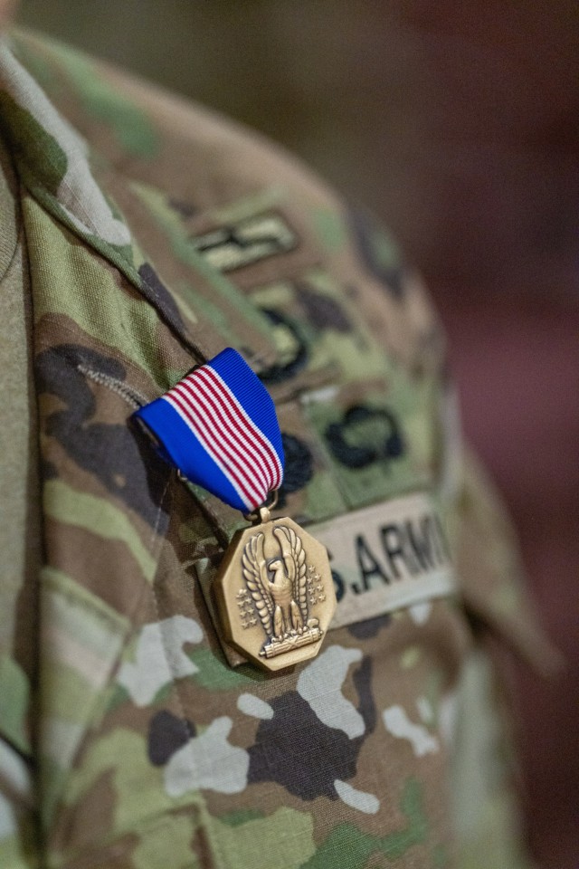 U.S. Army 1st Joseph Guerra, an Infantry Officer assigned to 1st Battalion, 504th Parachute Infantry Regiment, 1st Brigade Combat Team, 82d Airborne Division, receives the Soldier’s Medal on August 11, 2023, at Fort Liberty, North Carolina. Guerra was presented the award for heroic action on June 11, 2021 during an active shooter incident. His actions directly saved the lives of four people.