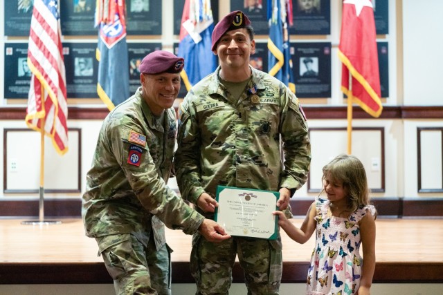 U.S. Army 1st Lt. Joseph Guerra, an Infantry Officer assigned to 1st Battalion, 504th Parachute Infantry Regiment, 1st Brigade Combat Team, 82d Airborne Division, receives the Soldier’s Medal on August 11, 2023, at Fort Liberty, North Carolina. Guerra was presented the award for heroic action on June 11, 2021 during an active shooter incident. His actions directly saved the lives of four people. 