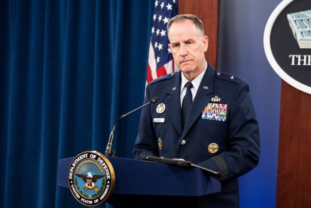 Pentagon Press Secretary Air Force Brig. Gen. Pat Ryder addresses members of the news media during a briefing at the Pentagon, Aug. 10, 2023.