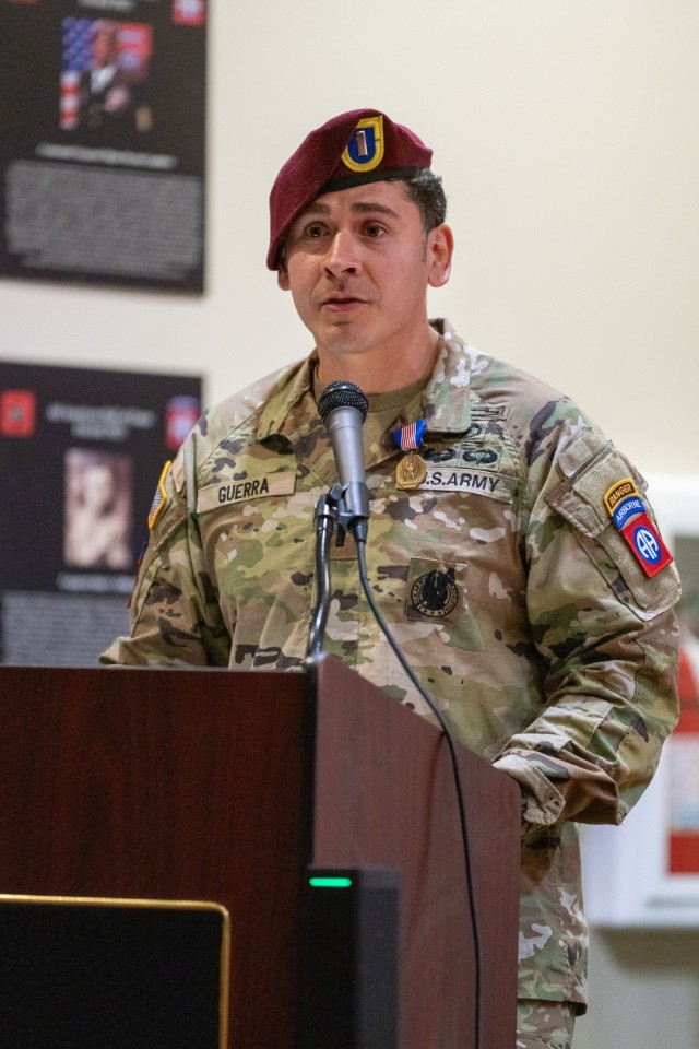 U.S. Army 1st Joseph Guerra, an Infantry Officer assigned to 1st Battalion, 504th Parachute Infantry Regiment, 1st Brigade Combat Team, 82d Airborne Division, receives the Soldier’s Medal on August 11, 2023, at Fort Liberty, North Carolina. Guerra was presented the award for heroic action on June 11, 2021 during an active shooter incident. His actions directly saved the lives of four people.