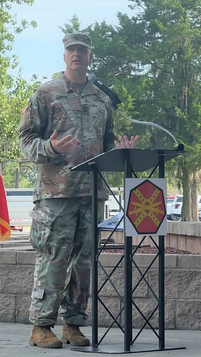 Col. Marc Austin gives his remarks during his welcome as the new Fort Stewart garrison commander during the change of command ceremony on Fort Stewart&#39;s Cashe Garden Aug. 11.
