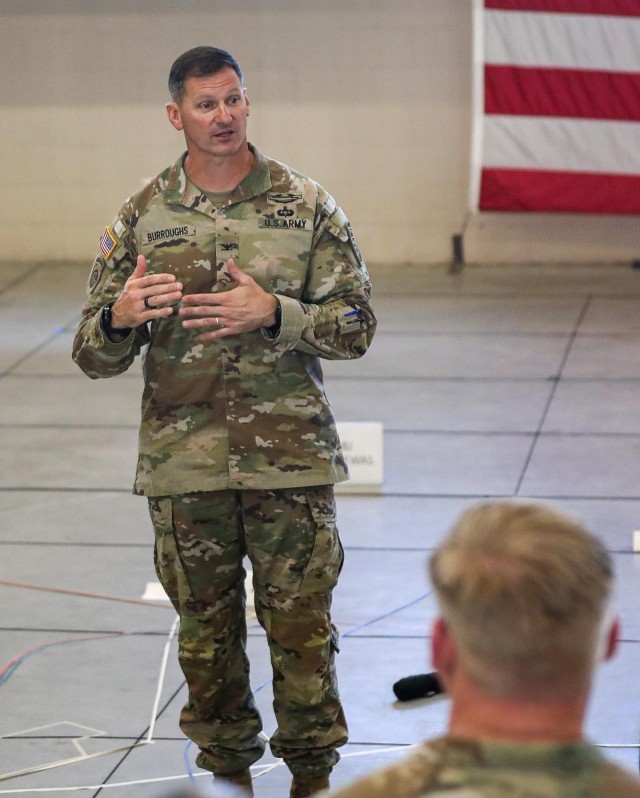 U.S. Army Col. Todd Burroughs, Commander of the 2nd Brigade Combat Team, 82nd Airborne Division issues guidance to brigade staff elements during the unit’s Combined Arms Rehearsal on August 10, 2023, at Fort Liberty, North Carolina. The CAR synchronizes Warfighting Functions and unit actions that are executed during the brigade&#39;s culminating training exercise, code-named GIANT.