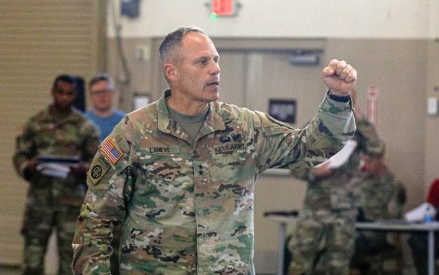 U.S. Army Maj. Gen. Christopher LaNeve, Commanding General of the 82nd Airborne Division issues guidance to division and brigade staff elements during the unit’s Combined Arms Rehearsal on August 11, 2023, at Fort Liberty, North Carolina. The CAR synchronizes Warfighting Functions and unit actions that are executed during the brigade&#39;s culminating training exercise, code-named GIANT.