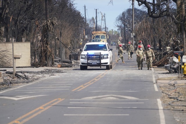 Search and rescue soldiers and airmen assist Maui County and state officials in search and recovery efforts in Lahaina, Maui, Hawaii, Aug. 10, 2023. The guardsmen mobilized after a wildfire struck Maui.