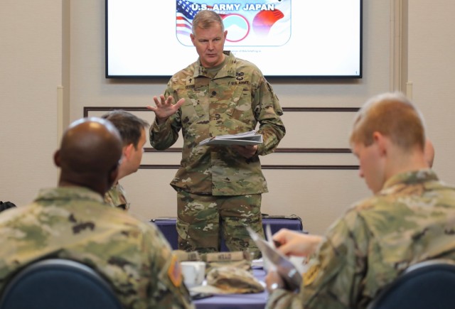 Lt. Col. Mark Olson, deputy command chaplain for U.S. Army Japan, briefs unit ministry team members during a three-day summit at Camp Zama, Japan, Aug. 15, 2023. The summit, which was the first-ever conducted by USARJ, included sessions on...