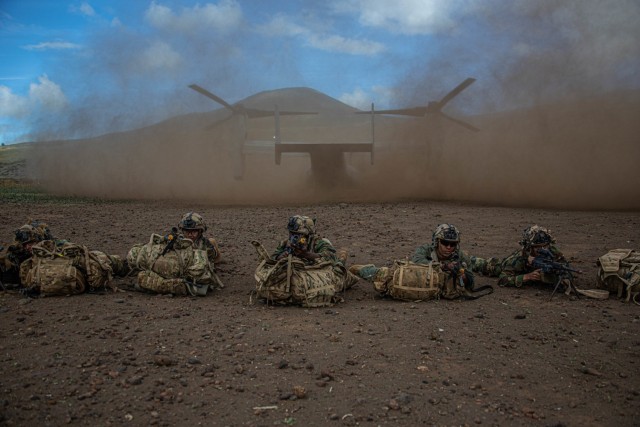 U.S. Marine Corps MV-22 Ospreys from Marine Corp Base Hawaii, air inserts 2nd Battalion, 35th Infantry Regiment, 3rd Infantry Brigade Combat Team, 25th Infantry Division opposing forces on Pohakuloa Training Grounds, Hawaii, Nov. 7, 2022. Bilateral and multilateral exercises strengthen relationships and enhance interoperability with allies and partners through shared experiences and tough, realistic training. We routinely invite and encourage allies and partners to participate in JPMRC rotations. 