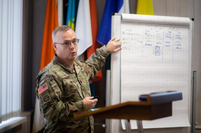  DEAG Detachment Commander Lt. Col. Rob Nesbit discusses professional military education with members of the National Guard of Ukraine weeks before Russia’s Feb. 24, 2022 invasion. He called the DEAG “a component of U.S. and NATO efforts to counter Russian influence, not just in Ukraine but throughout Europe. The importance of the mission rested in its ability to set conditions that enable the Ukrainian military to serve alongside Euro-Atlantic partners in the future.